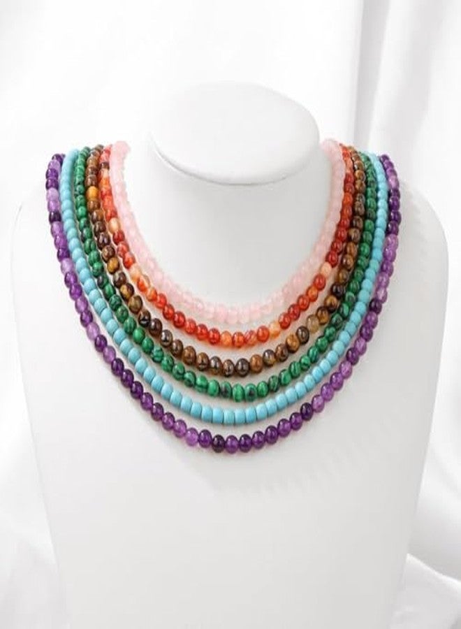 KZL Healing Crystal Necklace for Women Men 4mm Natural Stone Beaded Choker Amethyst Tigers Eye Rose Quartz Chakra Spiritual Crystal Anxiety Reiki Yoga Necklace - Style 1 - Image 3