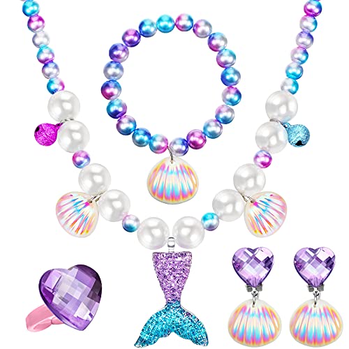 Jadive Mermaid Jewelry Set for Girls 4 Pcs Mermaid Necklace Bracelet Ring Earrings for Kids Little Girls Christmas Halloween Dress up Pretend Play Supplies Birthday GiftsCute StylePurple - Image 1