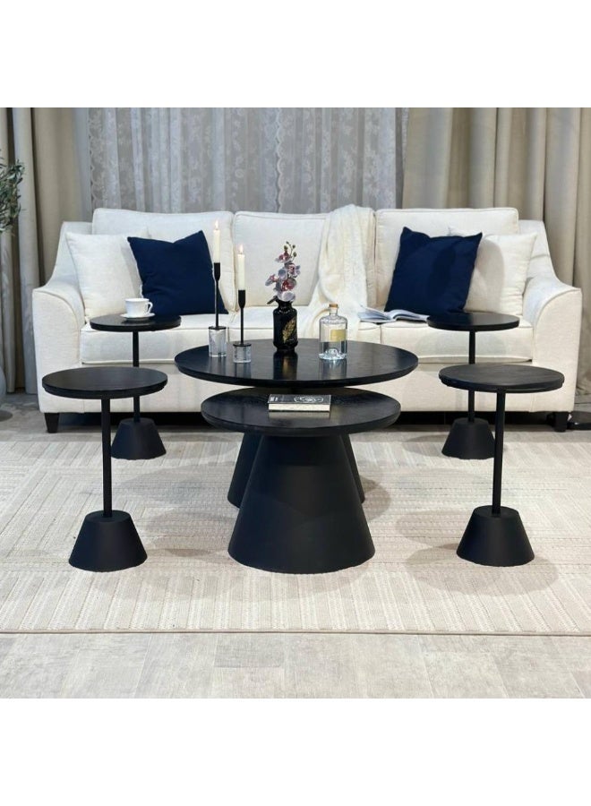 6-Piece Coffee & Side Table Set – Black Wooden Top with Black Metal Legs - Image 1