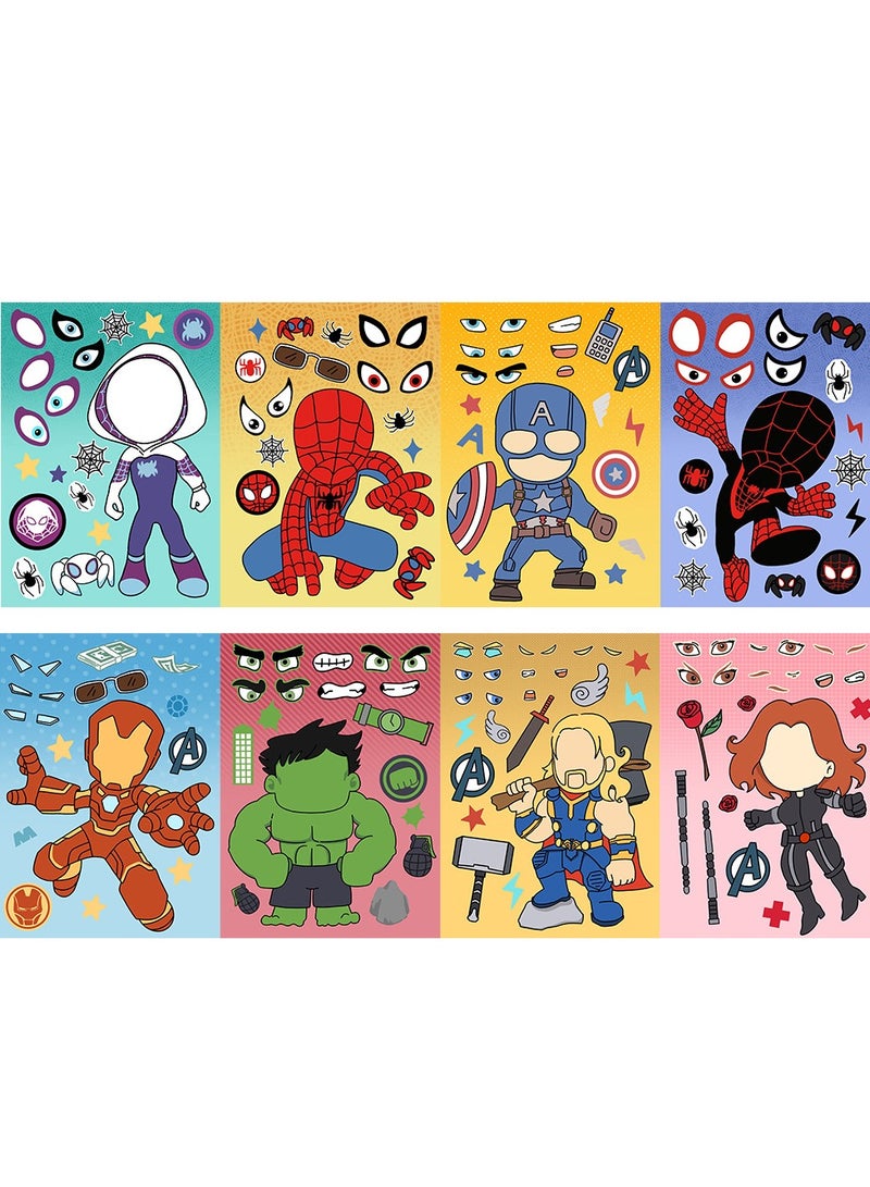 8 أوراق/مجموعة ملصقات مارفل سوبر هيرو تصنع ملصقات لغز الوجه، ملصقات مقاومة للماء مصنوعة يدويًا للأطفال - Image 1