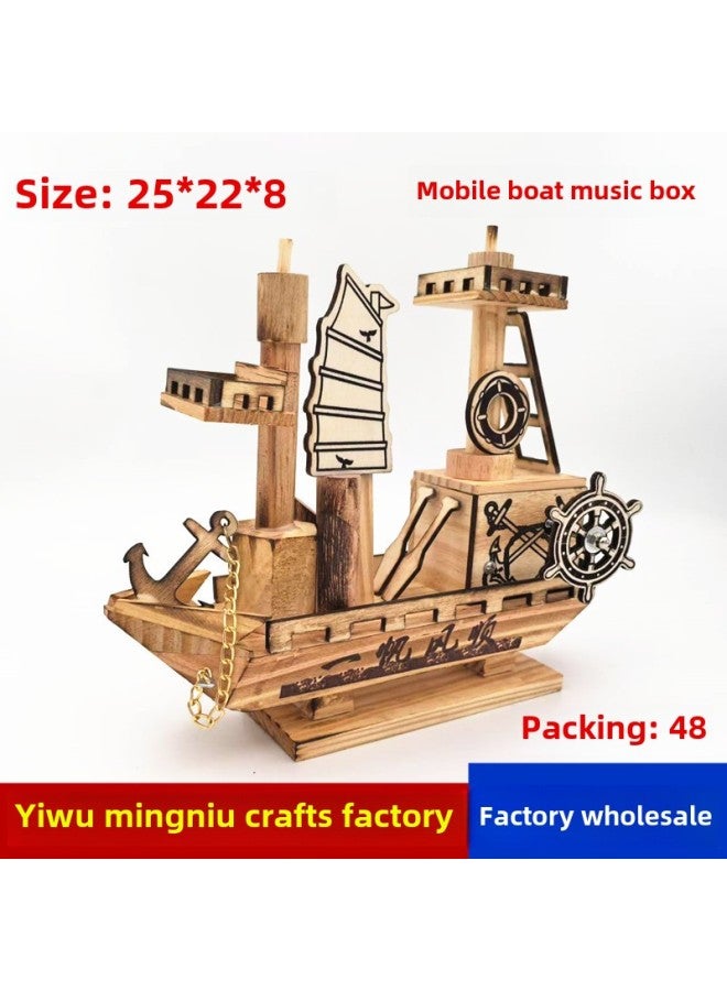 Wooden Motor Boat Music Box Plain Sailing Model Ornaments Mediterranean Style Crafts Wholesale-Colour:Motorboat Music Box  - Image 1