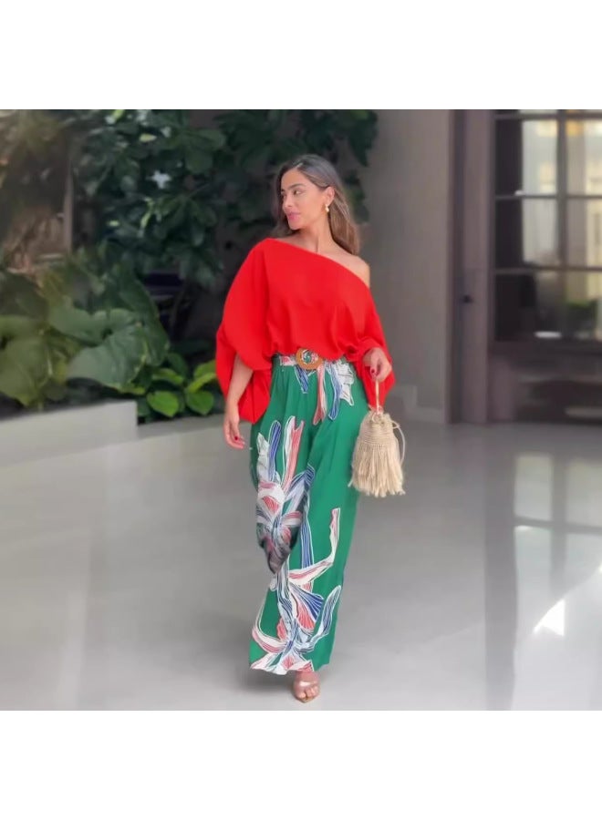 European And American Autumn New Solid Color Oblique Collar Casual Loose Top High Waist Printed Pants Set