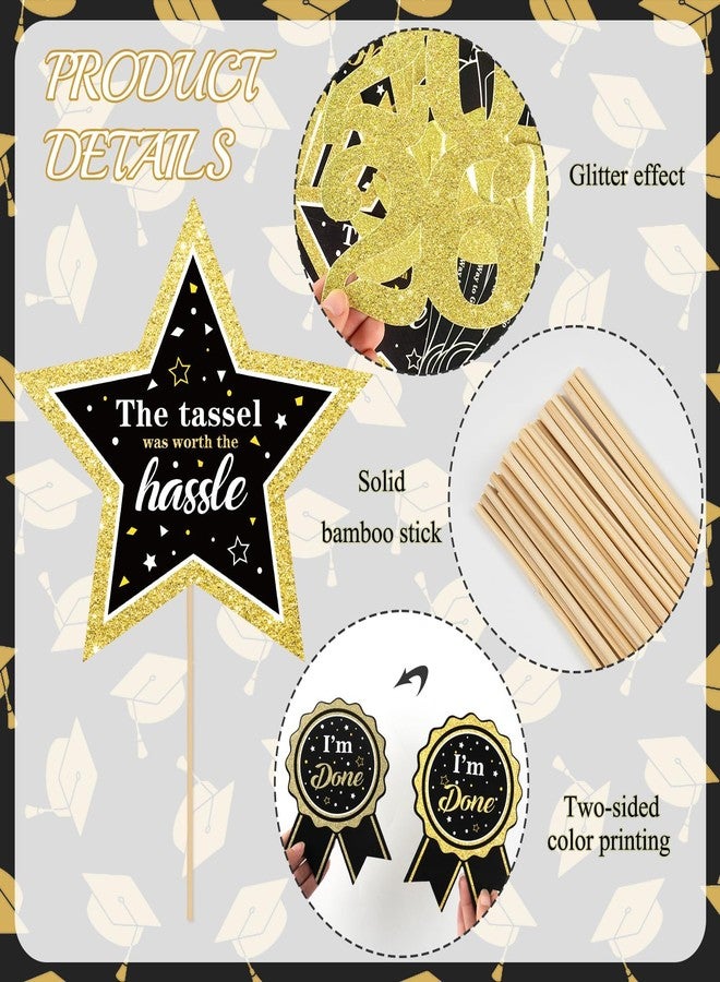 kockuu Glitter Black Gold Graduation Decorations for Class of 2026-30pcs Black Gold Double Sided Graduation Table Centerpieces Sticks with LED String Lights for College High School Grad Party Decor - Image 5