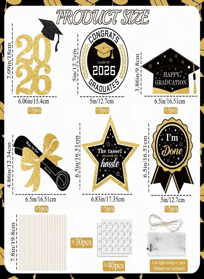 kockuu Glitter Black Gold Graduation Decorations for Class of 2026-30pcs Black Gold Double Sided Graduation Table Centerpieces Sticks with LED String Lights for College High School Grad Party Decor - Image 3