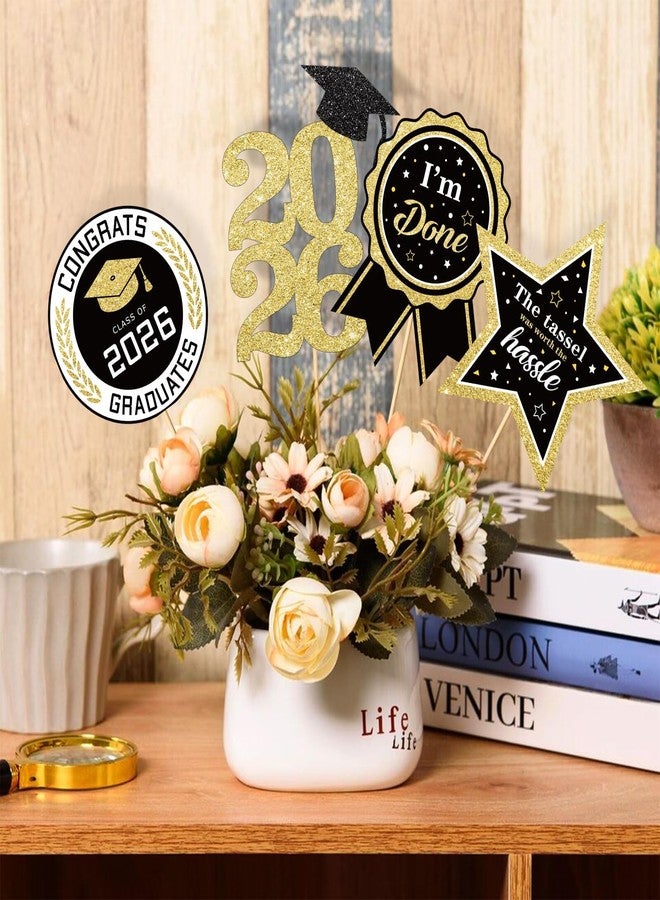 kockuu Glitter Black Gold Graduation Decorations for Class of 2026-30pcs Black Gold Double Sided Graduation Table Centerpieces Sticks with LED String Lights for College High School Grad Party Decor - Image 2