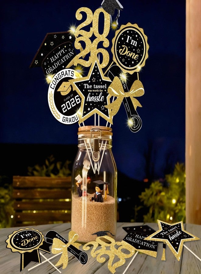 kockuu Glitter Black Gold Graduation Decorations for Class of 2026-30pcs Black Gold Double Sided Graduation Table Centerpieces Sticks with LED String Lights for College High School Grad Party Decor - Image 1