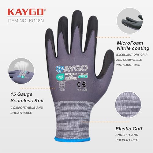 KAYGO Safety Work Gloves MicroFoam Nitrile Coated, 12 Pairs KG18NB,Seamless Knit Nylon Glove for Men and Women, Ideal for Automotive,Warehouse,Construction (X-Large,Gray) - Image 2