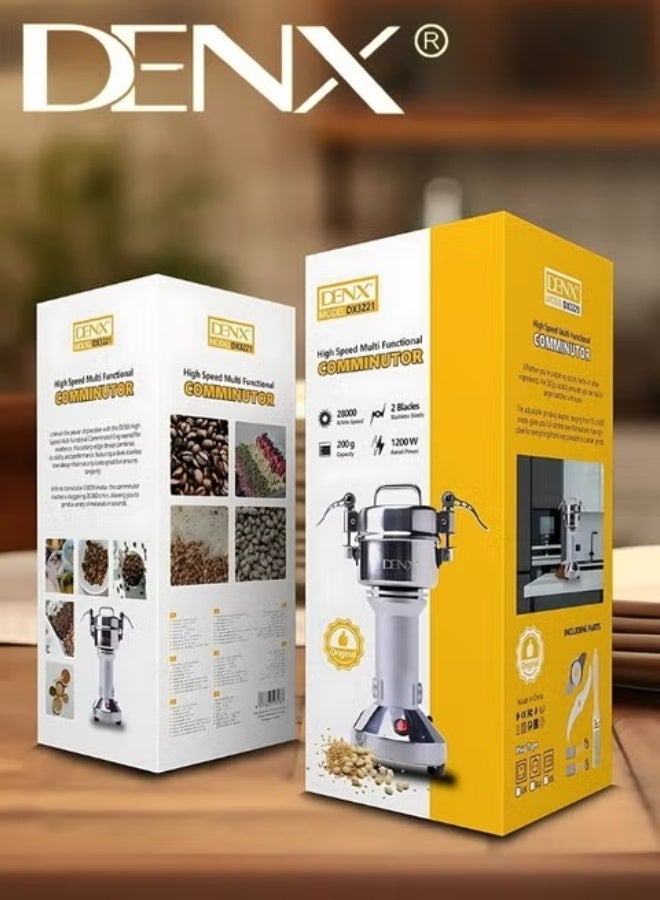 Denx DX3221 High-Speed Electric Grinder 1200W 28000RPM Stainless Steel Blades 200g Capacity Multi-Purpose Spice Coffee Grinder Compact Kitchen Mill - Image 2