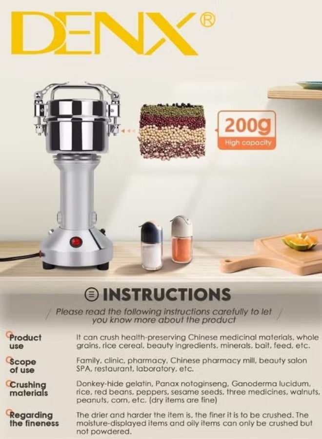 Denx DX3221 High-Speed Electric Grinder 1200W 28000RPM Stainless Steel Blades 200g Capacity Multi-Purpose Spice Coffee Grinder Compact Kitchen Mill - Image 4