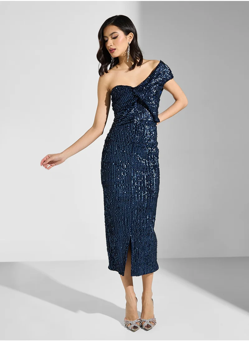 لافيش اليس Velvet Sequin One Shoulder Twisted Detail Long Mid