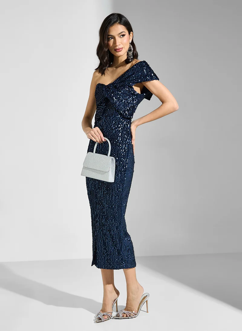 lavish alice Velvet Sequin One Shoulder Twisted Detail Long Mid