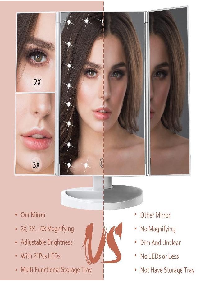 HUONUL - Makeup Mirror Vanity Mirror with Lights, 2X 3X 10X Magnification, Lighted Makeup Mirror, Touch Control, Trifold Makeup Mirror, Dual Power Supply, Portable LED Makeup Mirror, Women Gift (White+10X) - Image 1