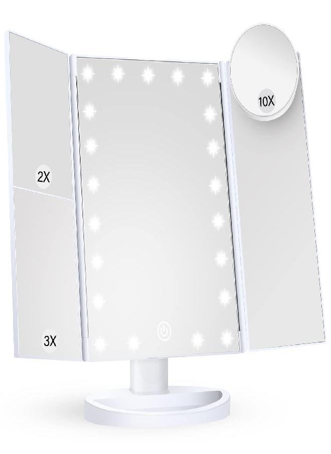 HUONUL - Makeup Mirror Vanity Mirror with Lights, 2X 3X 10X Magnification, Lighted Makeup Mirror, Touch Control, Trifold Makeup Mirror, Dual Power Supply, Portable LED Makeup Mirror, Women Gift (White+10X) - Image 1