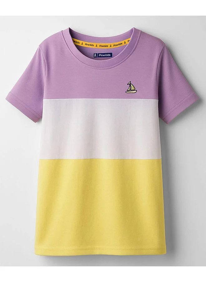 Pine Kids Pine Kids Cotton Knit Half Sleeves T-Shirt With Cut & Sew & Boat Embroidery - White Yellow  & Plum