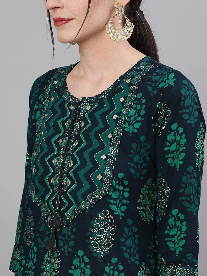 ISHIN ISHIN Women Green Printed Kurta with Skirt Set