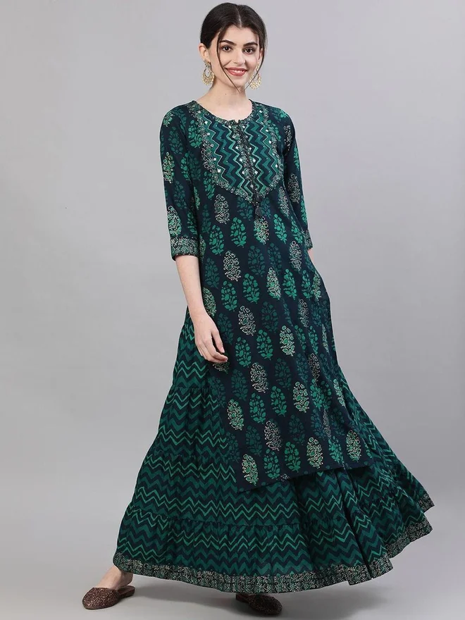ISHIN ISHIN Women Green Printed Kurta with Skirt Set