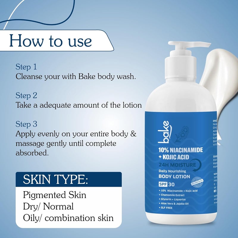 BAKE 10 Niacinamide Body Lotion SPF 30 with Kojic Acid for Acne Marks  Dark Spots Pigmentation Tan Removal  For Women  Men  200ml - Image 4