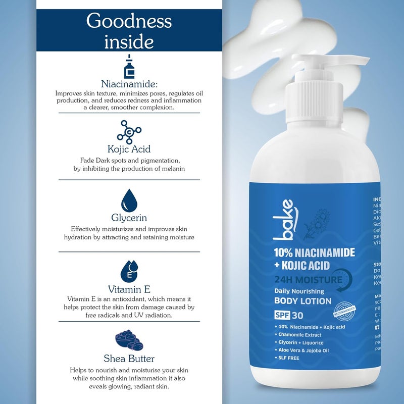 BAKE 10 Niacinamide Body Lotion SPF 30 with Kojic Acid for Acne Marks  Dark Spots Pigmentation Tan Removal  For Women  Men  200ml - Image 5