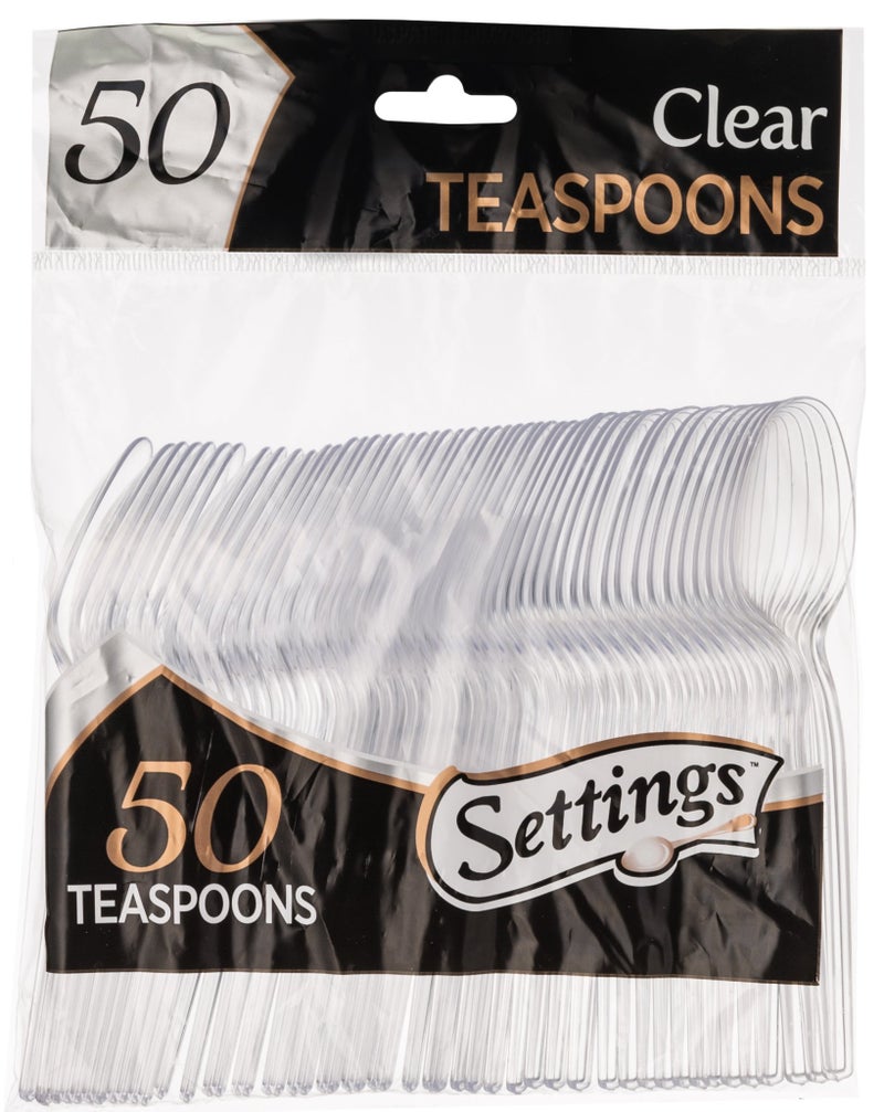 50 Count Settings Plastic Clear Teaspoons Heavyweight Disposable Cutlery Great For Home Office School Party Picnics Restaurant Takeout Fast Food Outdoor Events Or Every Day Use 1 Bag