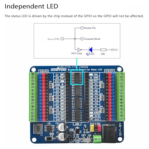 OSOYOO Nano IO Shield Breakout Board with GPIO Status LED, Terminal Expansion Holder for Arduino Nano - Image 3