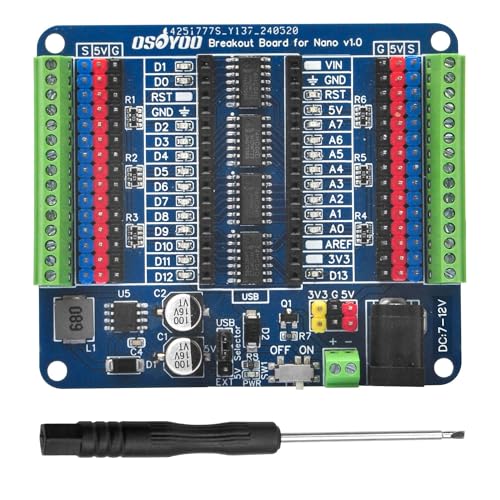 OSOYOO Nano IO Shield Breakout Board with GPIO Status LED, Terminal Expansion Holder for Arduino Nano - Image 1