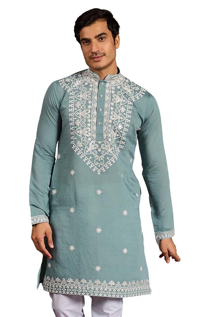Kalaanj Men's Embroidered Silk Kurta || Only Kurta (KALSS2504MK-Rama-3XL) - Image 1