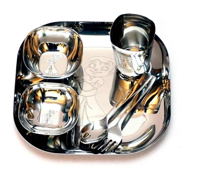 Kneaders Kneaders Laser Print Stainless Steel Square Lunch Dinner Set for Kids 1 Plate 1 Curry Bowl 1 Dessert Plate 1 Glass 1 Spoon 1 Fork 9 510 Year  - Image 2