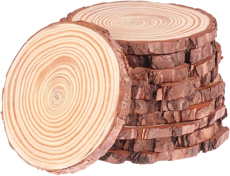 SEWACC 12pcs Unpainted Natural Wood Slices with Bark 10-12cm DIY Crafting Discs for Painting and Woodworking, Rustic Wood Coasters for Arts, Crafts, and Home Decor - Image 1