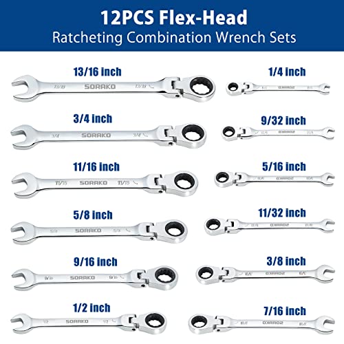SORAKO Ratcheting Wrench Set Flex Head, 16 Piece SAE Combination Ratchet Wrench kit, 1/4″ - 13/16″ Chrome Vanadium Steel Wrenches - Image 4