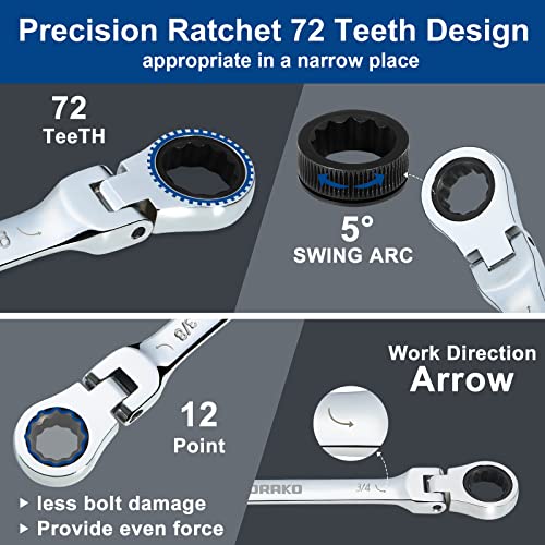 SORAKO Ratcheting Wrench Set Flex Head, 16 Piece SAE Combination Ratchet Wrench kit, 1/4″ - 13/16″ Chrome Vanadium Steel Wrenches - Image 3