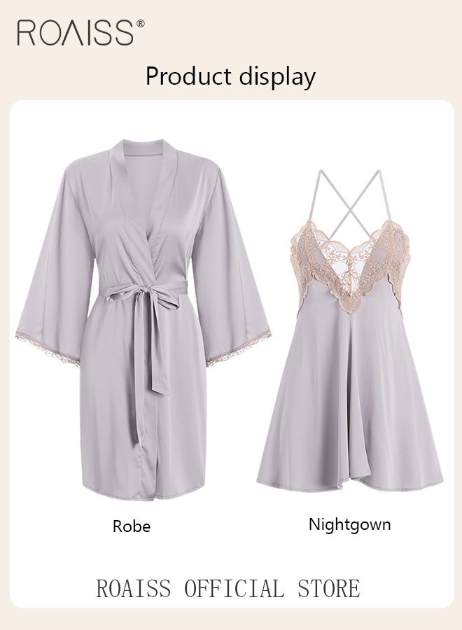 roaiss 2-Piece Set of Women Pajamas with V-Neck Design Women Home Wear Set Same Color Outer Robe and Lace Element Nightgown - Image 1