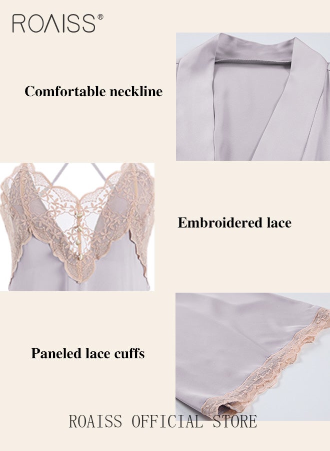 roaiss 2-Piece Set of Women Pajamas with V-Neck Design Women Home Wear Set Same Color Outer Robe and Lace Element Nightgown - Image 2