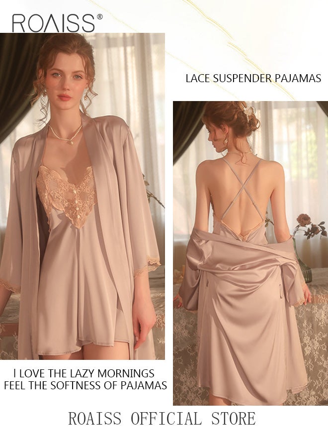 roaiss 2-Piece Set of Women Pajamas with V-Neck Design Women Home Wear Set Same Color Outer Robe and Lace Element Nightgown - Image 4