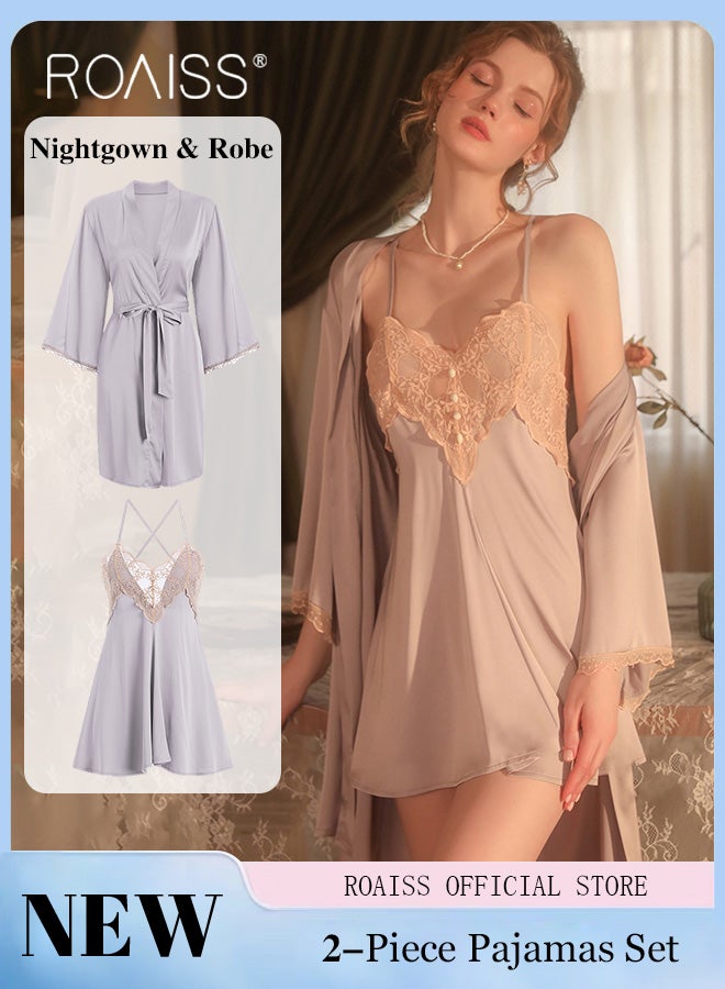 roaiss 2-Piece Set of Women Pajamas with V-Neck Design Women Home Wear Set Same Color Outer Robe and Lace Element Nightgown - Image 3