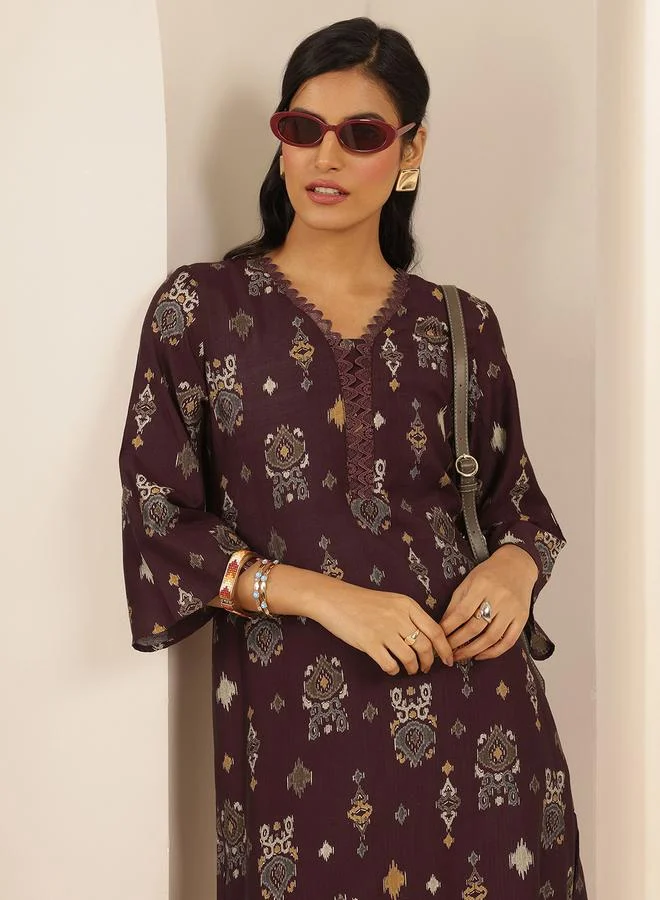 Libas Brown Ethnic Motifs Silk Blend Co-Ords