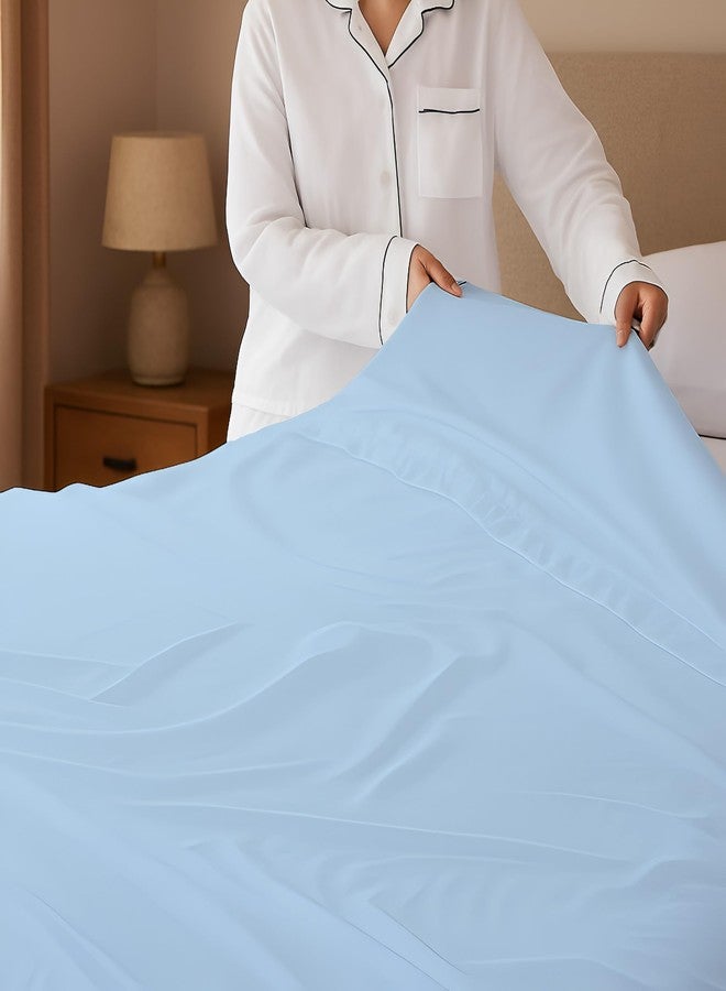 SKY BEDDINGS ملاءة سرير مسطحة بحجم كاليفورنيا كينج - ملاءة علوية من القطن 100%، نسيج ساتان بعدد خيوط 400 - فائقة النعومة، باردة، وجيدة التهوية - ملاءة علوية فقط - مفروشات فاخرة بجودة الفنادق - (أزرق فاتح) - Image 3