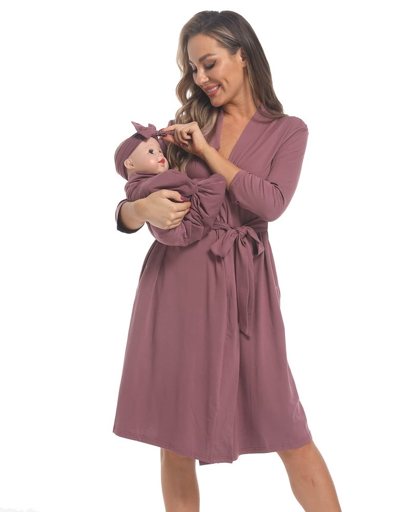 QTECLOR Maternity Robe with Matching Swaddle Blanket Set,Maternity Barhrobe Delivery Labor Robe for Hospital Women Dress - Image 4