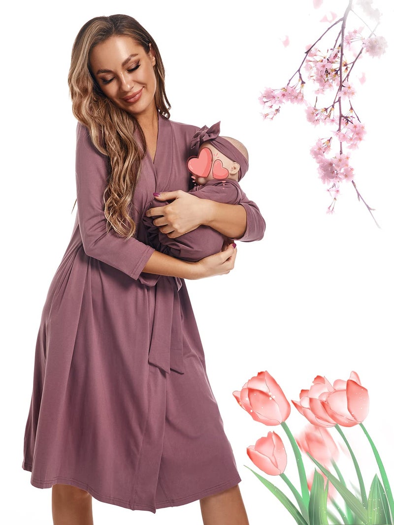 QTECLOR Maternity Robe with Matching Swaddle Blanket Set,Maternity Barhrobe Delivery Labor Robe for Hospital Women Dress - Image 2
