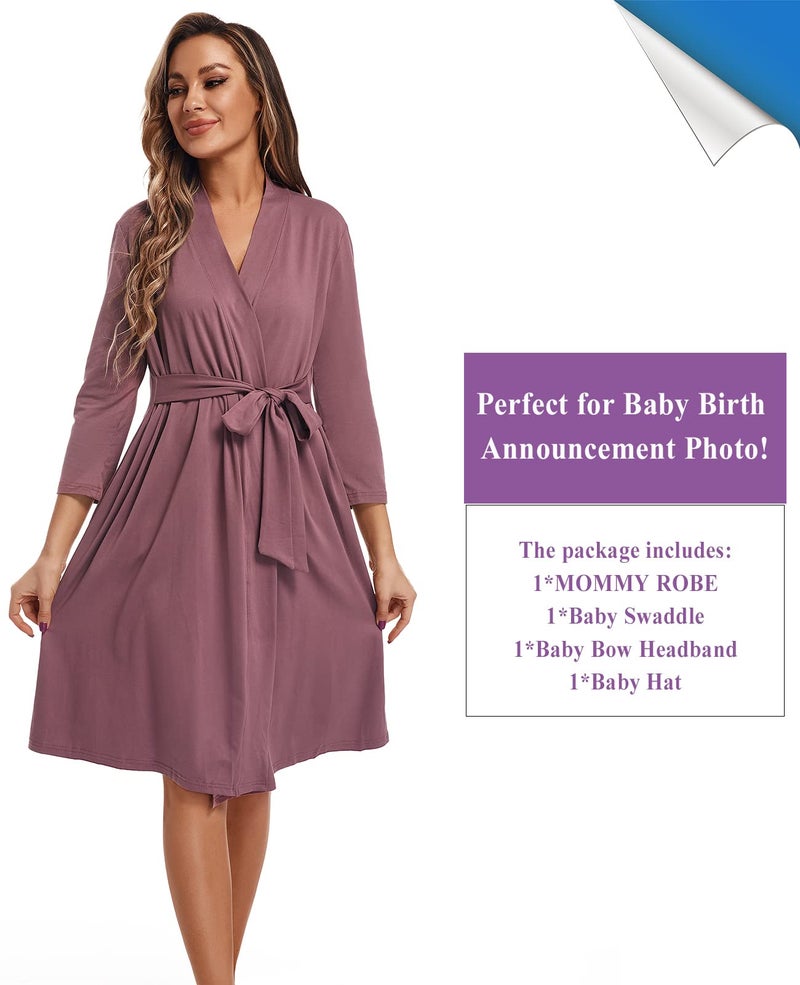 QTECLOR Maternity Robe with Matching Swaddle Blanket Set,Maternity Barhrobe Delivery Labor Robe for Hospital Women Dress - Image 3