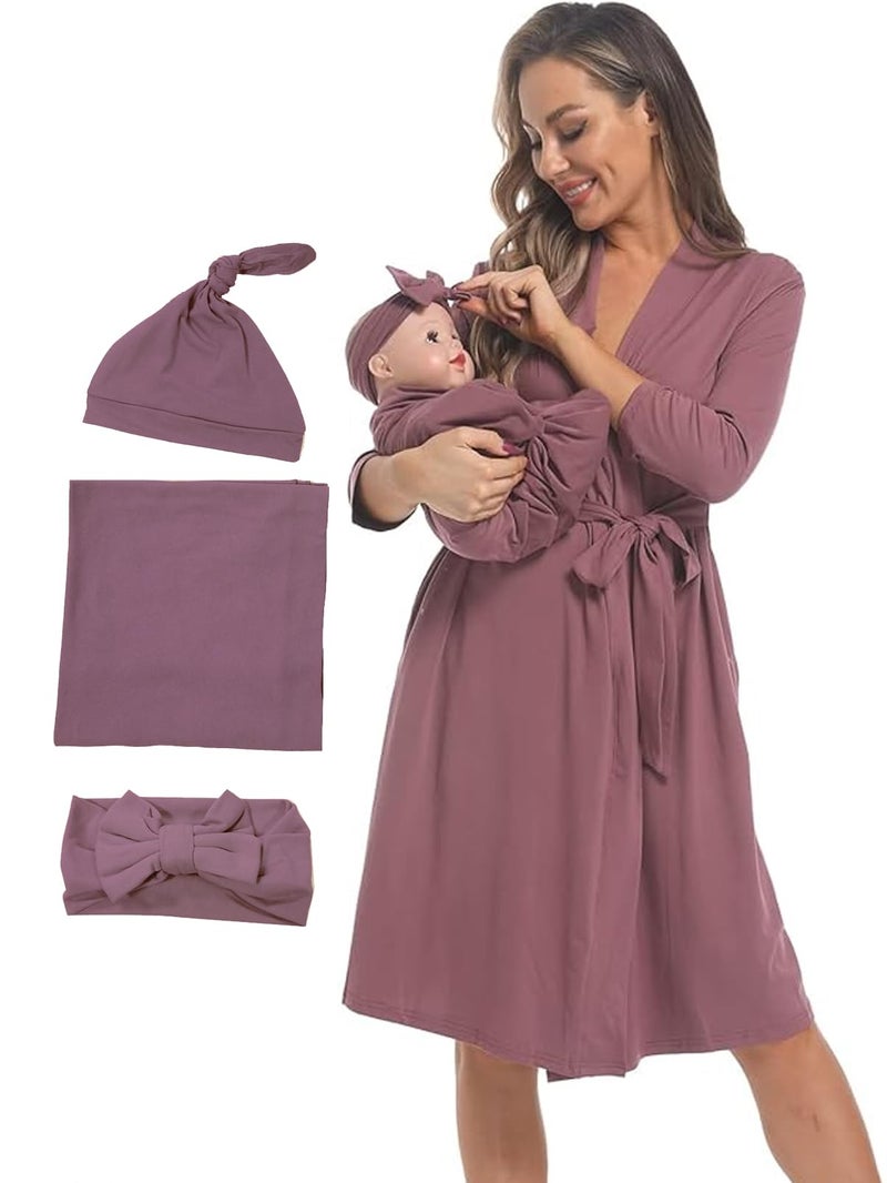 QTECLOR Maternity Robe with Matching Swaddle Blanket Set,Maternity Barhrobe Delivery Labor Robe for Hospital Women Dress - Image 1