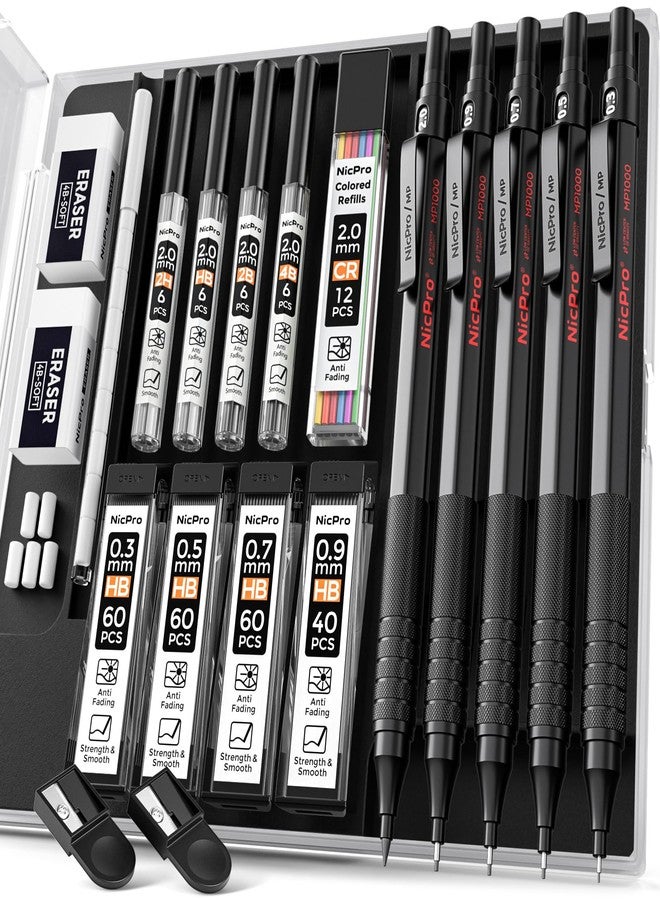 Nicpro Black Art Mechanical Pencil Set, 5PCS Metal Drafting Pencils 0.3, 0.5, 0.7, 0.9 mm & 2mm Graphite Lead Holder For Sketching Drawing With 9 Tubes (4B 2B HB 2H Colors) Lead Refills Erasers Case - Image 1