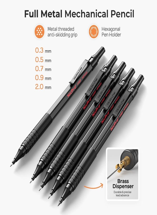 Nicpro Black Art Mechanical Pencil Set, 5PCS Metal Drafting Pencils 0.3, 0.5, 0.7, 0.9 mm & 2mm Graphite Lead Holder For Sketching Drawing With 9 Tubes (4B 2B HB 2H Colors) Lead Refills Erasers Case - Image 2