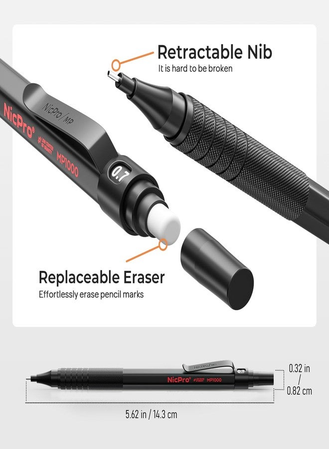 Nicpro Black Art Mechanical Pencil Set, 5PCS Metal Drafting Pencils 0.3, 0.5, 0.7, 0.9 mm & 2mm Graphite Lead Holder For Sketching Drawing With 9 Tubes (4B 2B HB 2H Colors) Lead Refills Erasers Case - Image 3