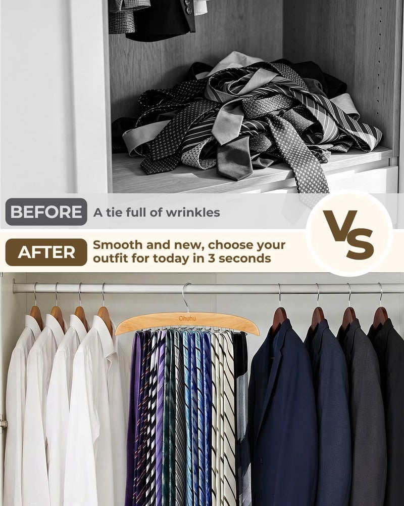 Ohuhu Wooden Tie Hanger with 24 Folding Hooks - 360 Degree Rotating Rack for Ties, Belts, and Scarves - Space-Saving Design - Image 2