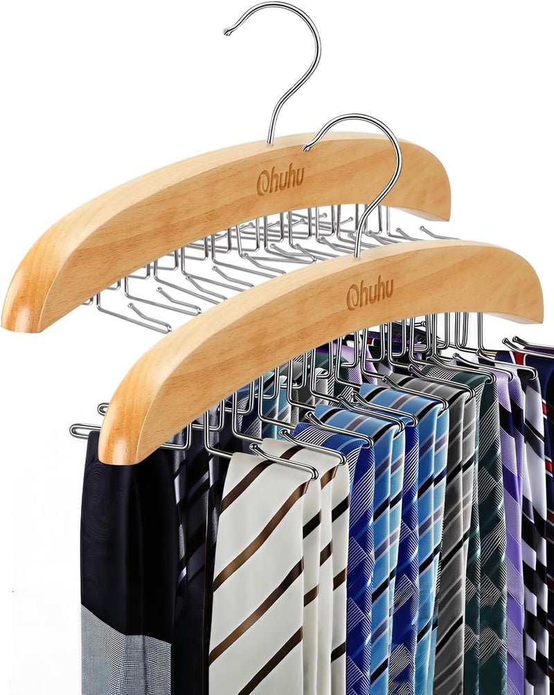 Ohuhu Wooden Tie Hanger with 24 Folding Hooks - 360 Degree Rotating Rack for Ties, Belts, and Scarves - Space-Saving Design - Image 1