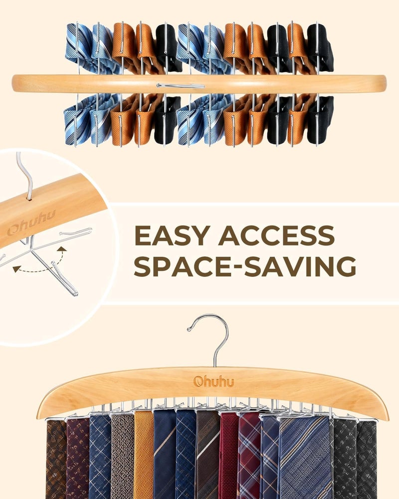 Ohuhu Wooden Tie Hanger with 24 Folding Hooks - 360 Degree Rotating Rack for Ties, Belts, and Scarves - Space-Saving Design - Image 4