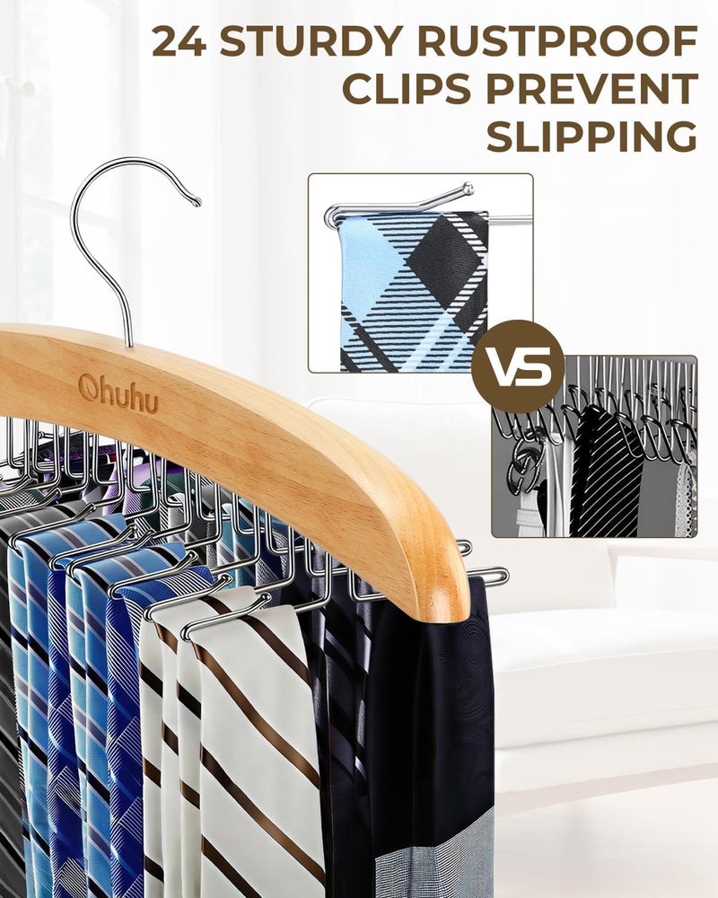 Ohuhu Wooden Tie Hanger with 24 Folding Hooks - 360 Degree Rotating Rack for Ties, Belts, and Scarves - Space-Saving Design - Image 3