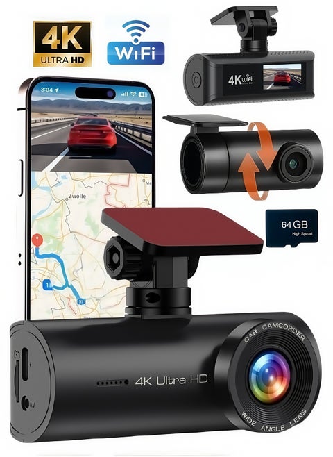 Dash Camera for Cars,4K Full UHD Car Camera Front Rear with 64GB U3 Card,Built-in Super Night Vision,2.0'' IPS Screen,170°Wide Angle,G-Sensor, 24H Parking Mode, Loop Recording