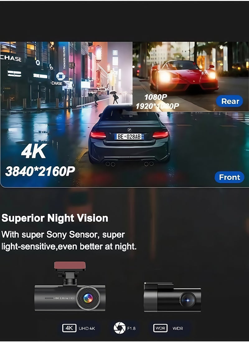 Generic - Dash Camera for Cars,4K Full UHD Car Camera Front Rear with 64GB U3 Card,Built-in Super Night Vision,2.0'' IPS Screen,170°Wide Angle,G-Sensor, 24H Parking Mode, Loop Recording - Image 1