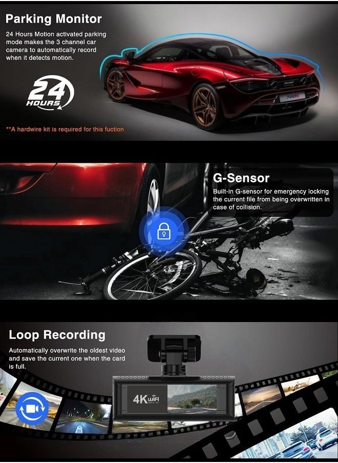 Generic - Dash Camera for Cars,4K Full UHD Car Camera Front Rear with 64GB U3 Card,Built-in Super Night Vision,2.0'' IPS Screen,170°Wide Angle,G-Sensor, 24H Parking Mode, Loop Recording - Image 1